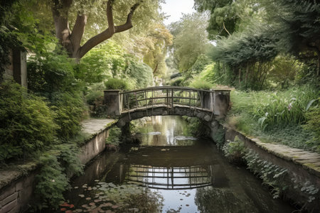 water channel with bridge leading to a serene garden, surrounded by greenery, created with generative aiの素材