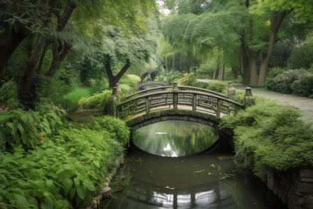 water channel with bridge leading to a serene garden, surrounded by greenery, created with generative aiの素材