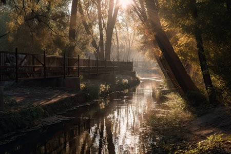 close-up of water channel and bridge with sunlight shining through the trees, created with generative aiの素材