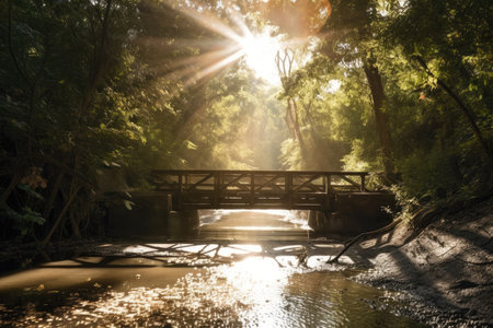 close-up of water channel and bridge with sunlight shining through the trees, created with generative aiの素材