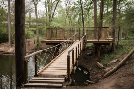 rustic bridge over water channel with wooden deck and rope railing, created with generative aiの素材