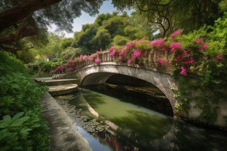 water channel with bridge surrounded by lush greenery and vibrant flowers, created with generative aiの素材