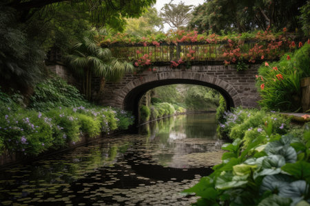 water channel with bridge surrounded by lush greenery and vibrant flowers, created with generative aiの素材