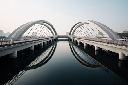 symmetrical bridge over water channel with the straight lines, modern and sleek, created with generative aiの素材