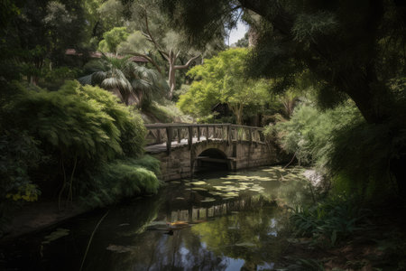 water channel surrounded by lush greenery, with bridge leading to secluded escape, created with generative aiの素材