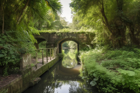 water channel surrounded by lush greenery, with bridge leading to secluded escape, created with generative aiの素材