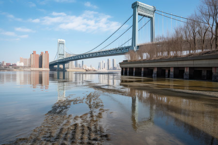 water channel with bridge and cityscape in the background, creating a tranquil setting, created with generative aiの素材
