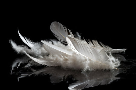 white feathers floating on black background, created with generative aiの素材