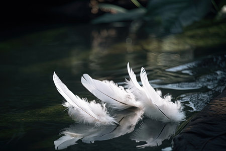 white feathers floating in water against natural background, created with generative aiの素材