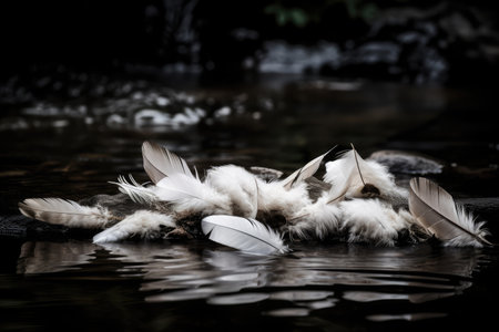 white feathers floating in a stream of water, created with generative aiの素材