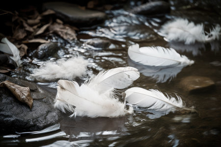 white feathers floating in a stream of water, created with generative aiの素材