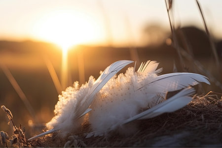 white feathers and sunrise in nature scene, created with generative aiの素材