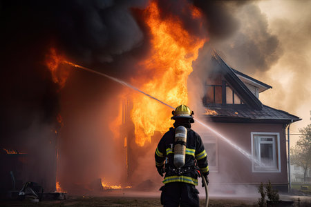 firefighter, extinguishing flames of burning house, with smoke rising in the background, created with generative aiの素材