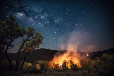 wildfire burning through the night, with stars shining overhead, created with generative aiの素材