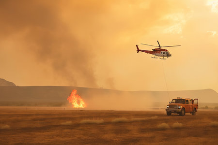 helicopter delivering supplies to fire fighters on the ground, created with generative aiの素材