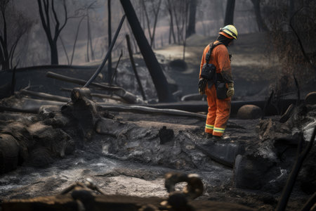 firefighter surveying the charred remains of a forest fire, created with generative aiの素材