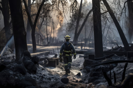 firefighter walking through charred forest, surveying the damage of the fire, created with generative aiの素材