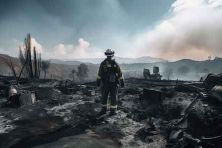 firefighter standing amidst blackened landscape, surveying the destruction, created with generative aiの素材