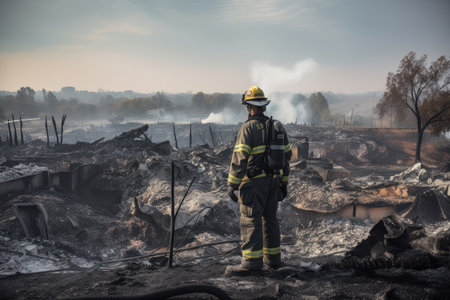 firefighter standing amidst blackened landscape, surveying the destruction, created with generative aiの素材