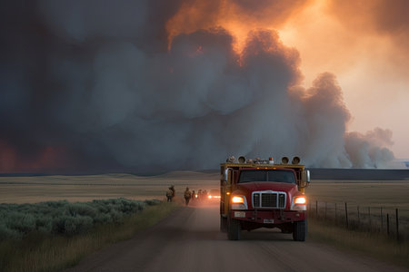 firetruck, with firefighters ready to respond to blaze in the distance, created with generative aiの素材