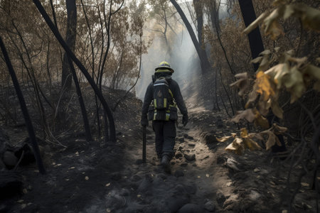 firefighter, dressed in full gear, walking through charred forest after wildfire, created with generative aiの素材