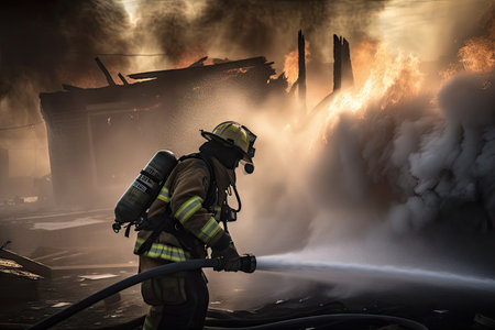 firefighter putting out fire with hose, surrounded by smoke and flames, created with generative aiの素材