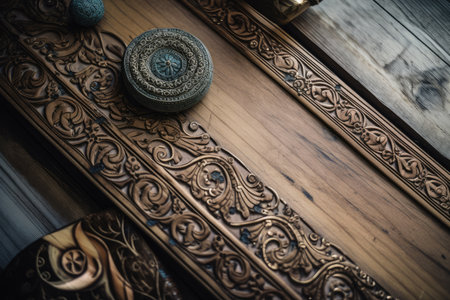 vintage wood board with retro ornaments and motifs, perfect for vintage-inspired design, created with generative aiの素材