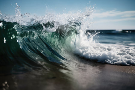 close-up of breaking wave, with droplets of water flying through the air, created with generative aiの素材