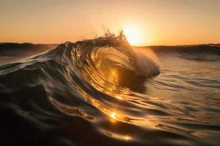breaking wave, with view of the sun peeking over the horizon, created with generative aiの素材