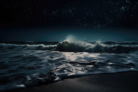 breaking wave engulfing moonlit beach, with starry night sky in the background, created with generative aiの素材