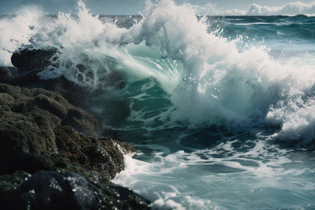 close-up of breaking wave, with water and foam flying, created with generative aiの素材