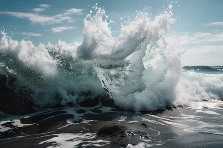 close-up of breaking wave, with water and foam flying, created with generative aiの素材