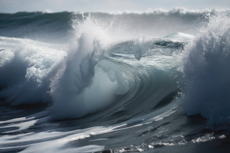 close-up of breaking wave, with water and foam flying, created with generative aiの素材