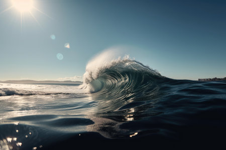 breaking wave, with the sun shining on its crest, against blue sky, created with generative aiの素材