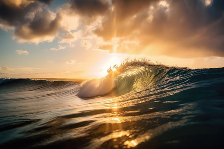 beautiful breaking wave with cloud and sun in the background, created with generative aiの素材
