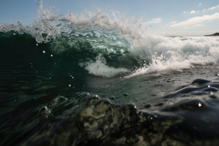 close-up of breaking wave, with droplets and bubbles in view, created with generative aiの素材
