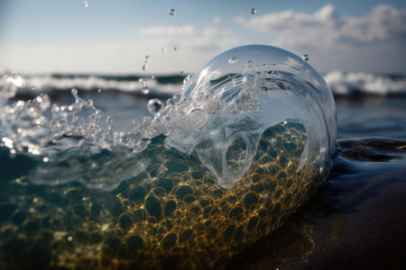 close-up of breaking wave, with droplets and bubbles in view, created with generative aiの素材