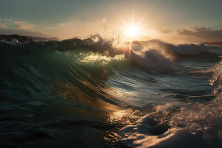 breaking wave, with the sun shining through, creating a shinning lightshow, created with generative aiの素材