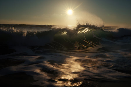 breaking wave, with the sun shining through, creating a shinning lightshow, created with generative aiの素材