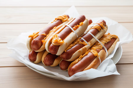 plate of hot dogs, each wrapped in its own unique way, created with generative aiの素材