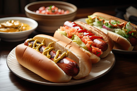two plates, each with three hot dogs and variety of toppings, created with generative aiの素材