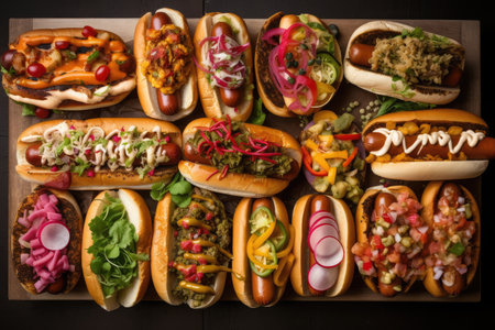 platter of hot dogs, with variety of different toppings, created with generative aiの素材