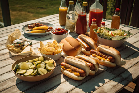 a family picnic, with hot dogs, buns, and condiments on the table, created with generative aiの素材