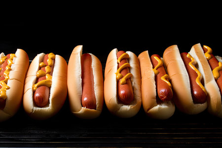 row of hot dogs, ready to be cooked and enjoyed, created with generative aiの素材