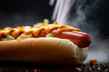 close-up of hot dog, with steam rising from the bun and condiments visible, created with generative aiの素材