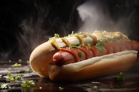 close-up of hot dog, with steam rising from the bun and condiments visible, created with generative aiの素材