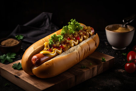 delicious hot dog with spicy mustard, ketchup and relish, created with generative aiの素材