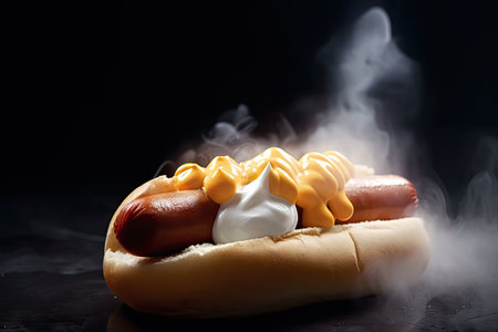 close-up of hot dog, with steam rising from its fluffy bun, created with generative aiの素材