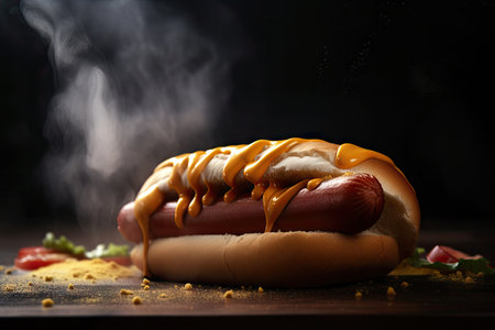 a close-up of a hot dog, with steam rising from the bun and condiments visible, created with generative aiの素材