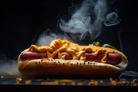 a close-up of a hot dog, with steam rising from the bun and condiments visible, created with generative aiの素材